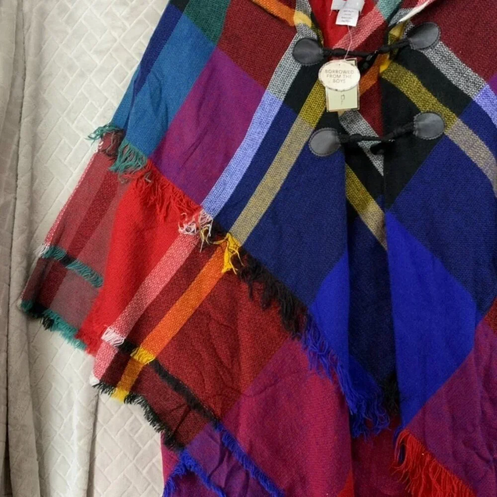 Lake Shore Drive Womens Poncho Toggle Closure Colorful Plaid Fringe Cottage Core - Picture 3 of 16